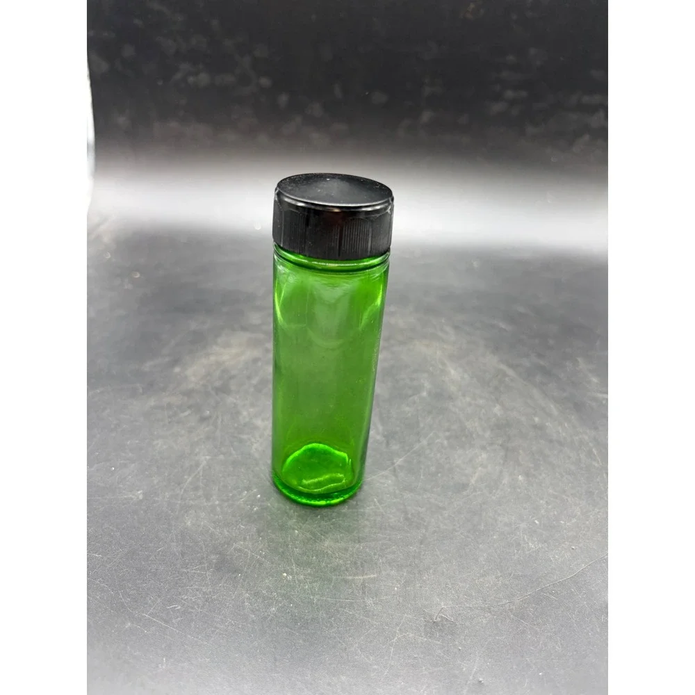 Vintage Emerald Green Glass Apothecary Jar Vial with Black Screw Lid 4 inch